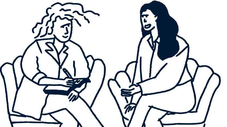 Illustration of two people sitting in chairs. One is appears to be taking notes and the other appears to be talking.