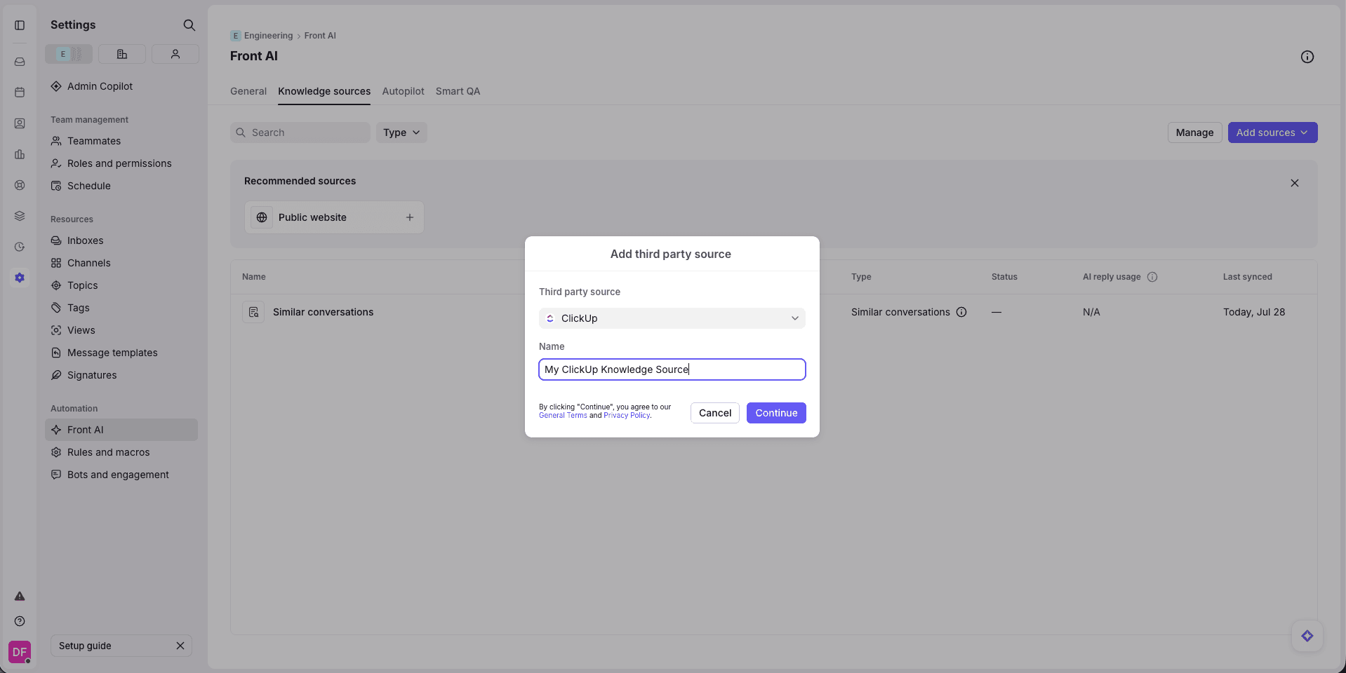 Screenshot of ClickUp Knowledge Source