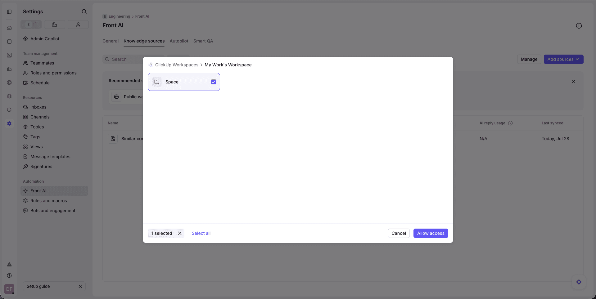 Screenshot of ClickUp Knowledge Source