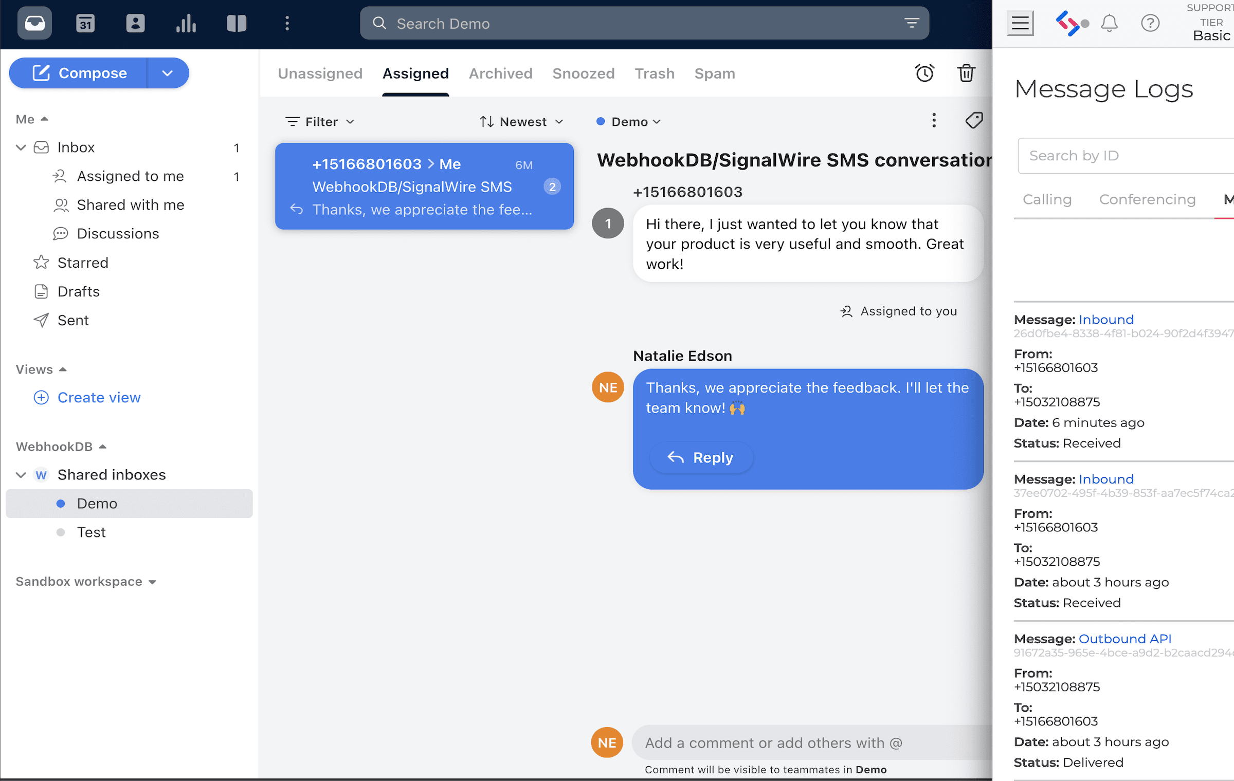 Screenshot of SignalWire SMS by WebhookDB