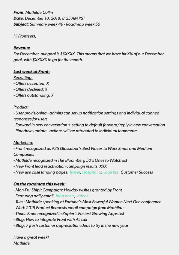 A summary of what Mathilde's weekly newsletter to the company looks like