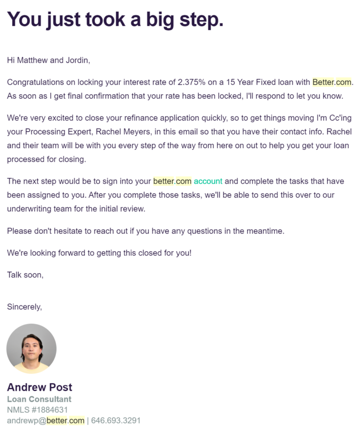 Rate lock canned response from Better.com
