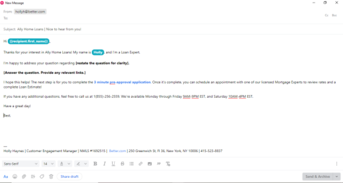 Better.com Canned Response in Front