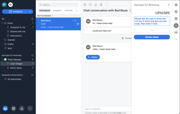 Screenshot of Upscope Co-browsing